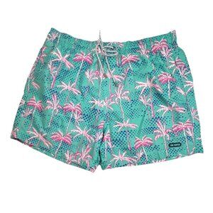 Sun Surfer Swim Trunks Sz XL Turquoise Pink Palm Trees Mesh Lining 5” Inseam